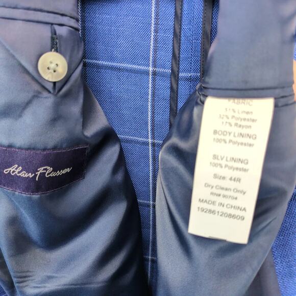 Alan Flusser Linen Blend Blue Plaid Sports Coat Men's 44R Blazer Jacket Tweed - Picture 4 of 10